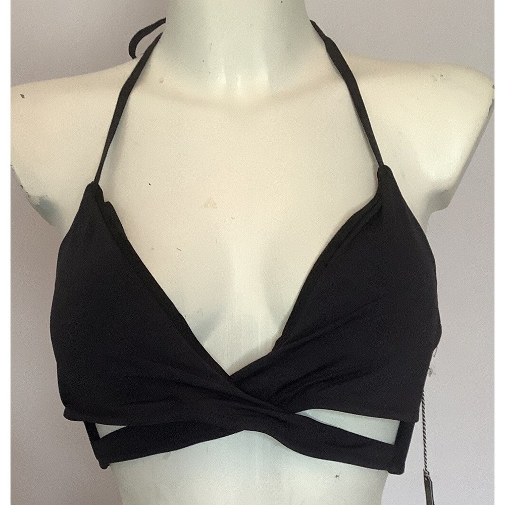 Garage Cross-Over Bikini Top Black Halter Wrap Swimsuit Top 100024618 L NEW